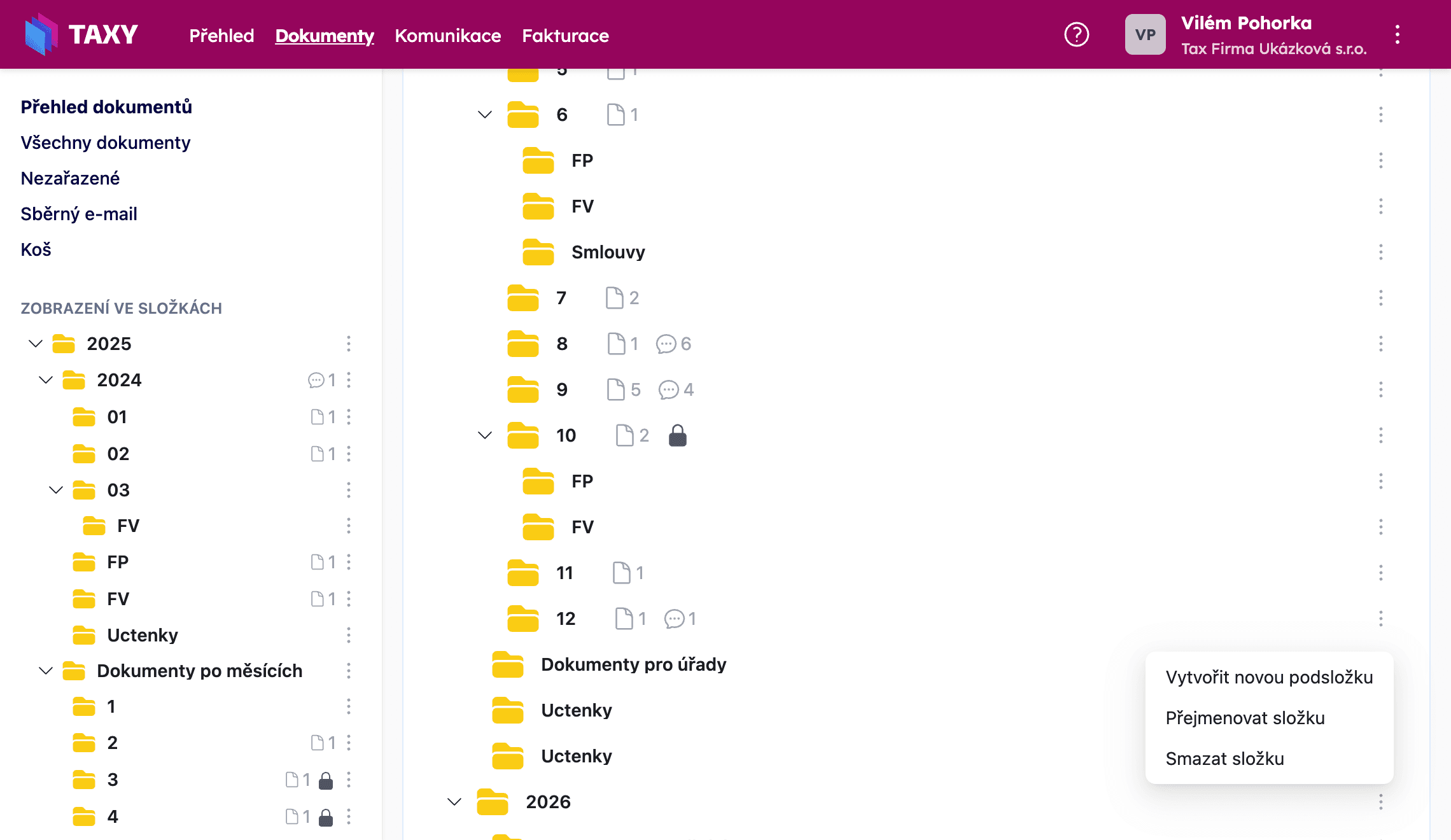 Kontextové menu složky s možnostmi Vytvořit novou podsložku, Přejmenovat složku a Smazat složku