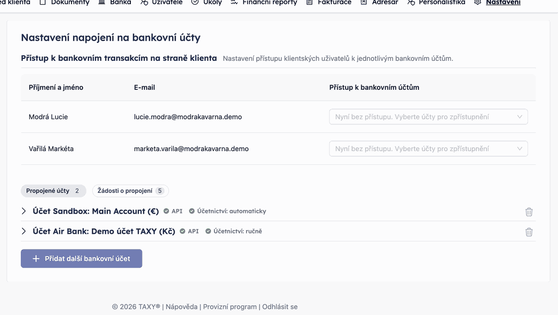 Automatický přenos: stav Účetnictví u účtu, aktivace, Počátek synchronizace a číslování výpisů