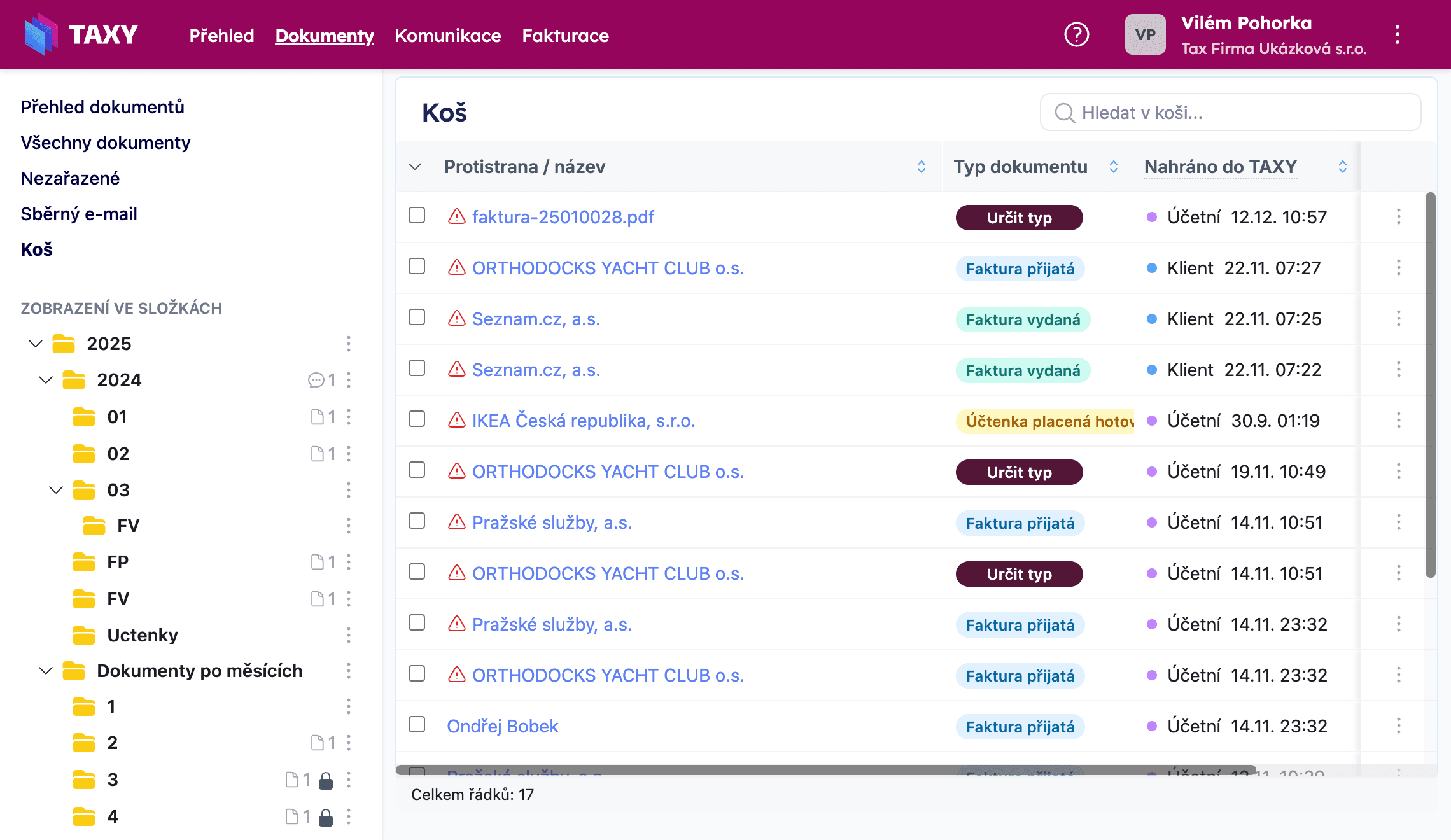 Koš s přehledem smazaných dokumentů označených ikonou varování