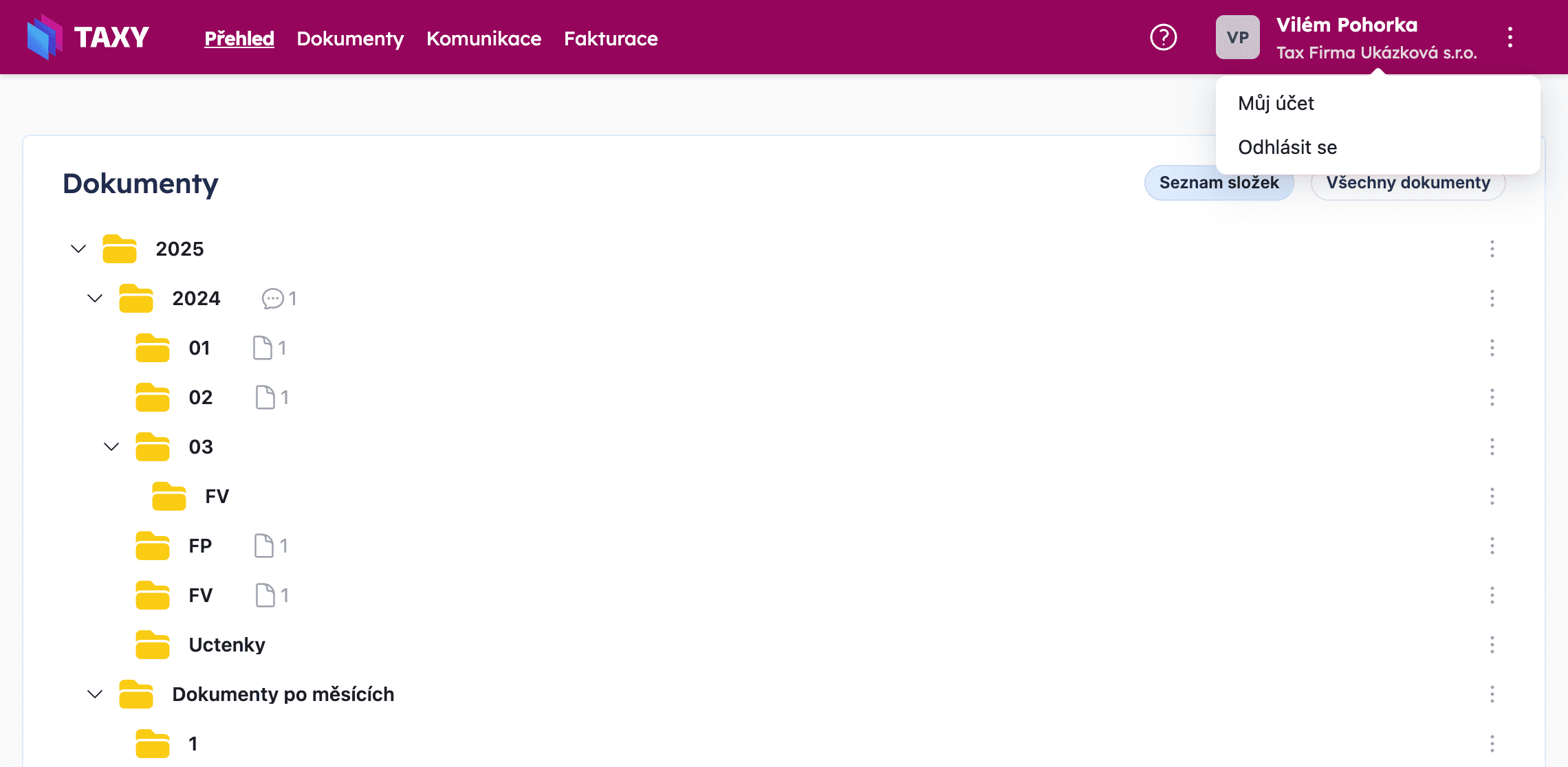 Menu u jména uživatele s možnostmi Můj účet a Odhlásit se