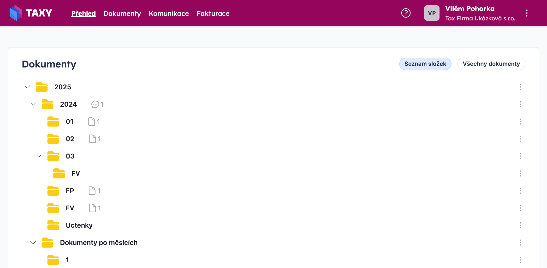 Hlavní přehled po přihlášení do TAXY