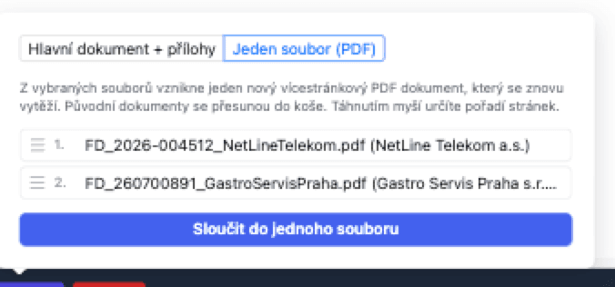 Dialog Sloučit v režimu Jeden soubor (PDF) s určením pořadí stránek