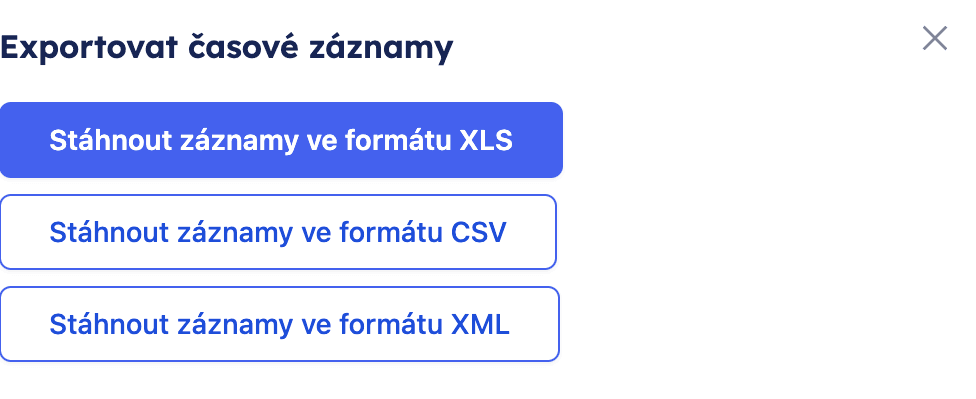 Okno Exportovat časové záznamy s volbou formátu XLS, CSV a XML