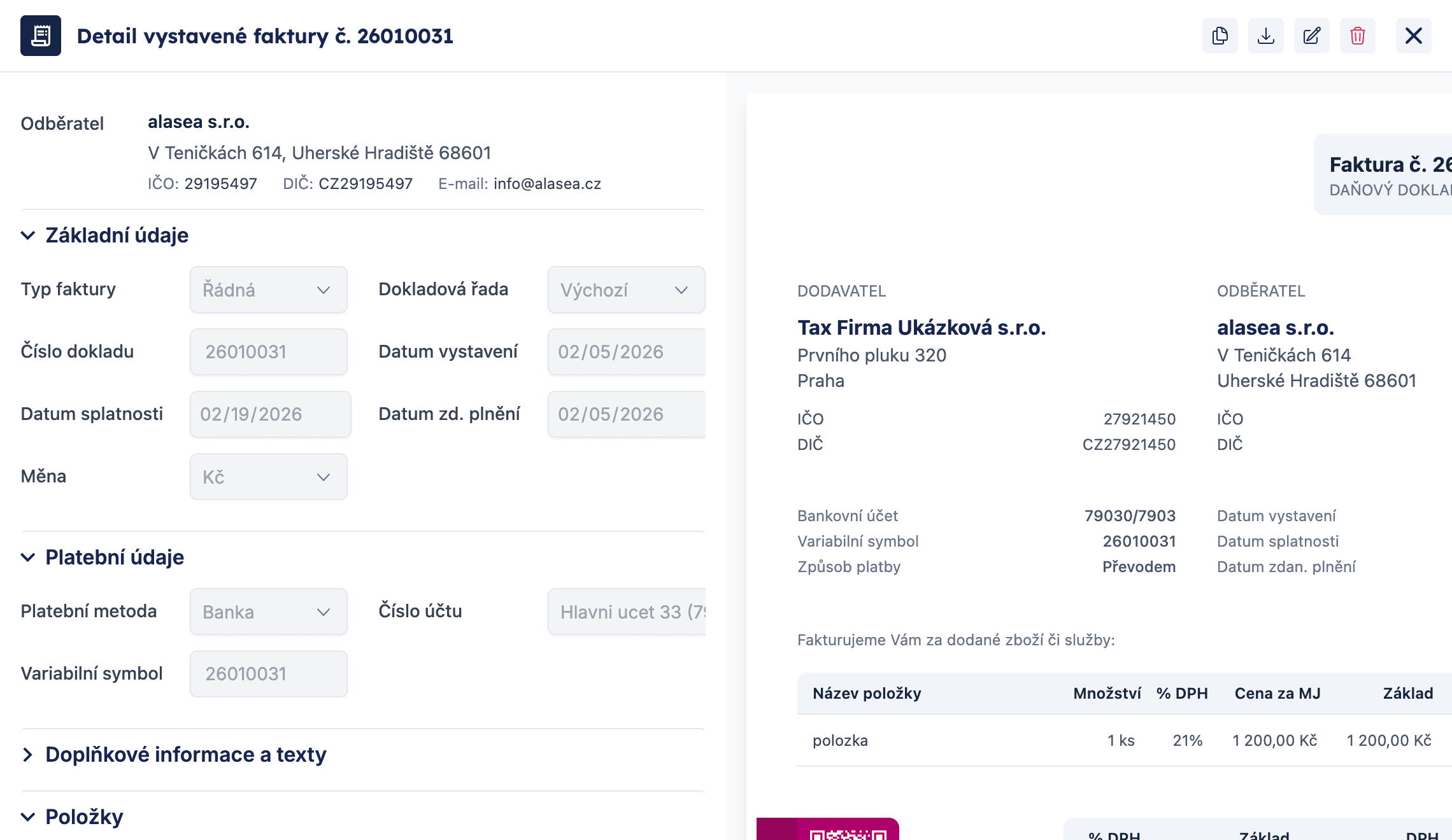 Detail vystavené faktury se základními údaji, platebními informacemi a náhledem PDF vpravo