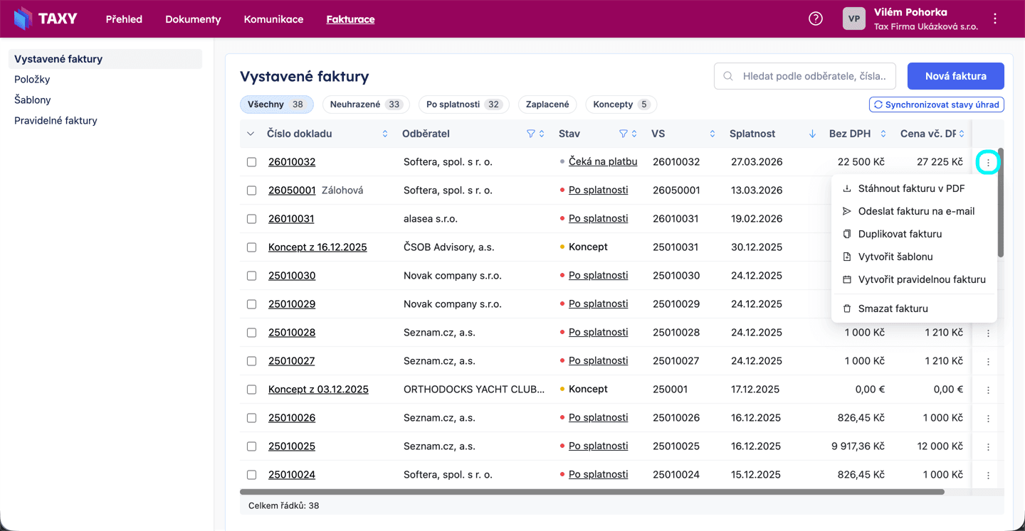 Možnosti u vystavené faktury