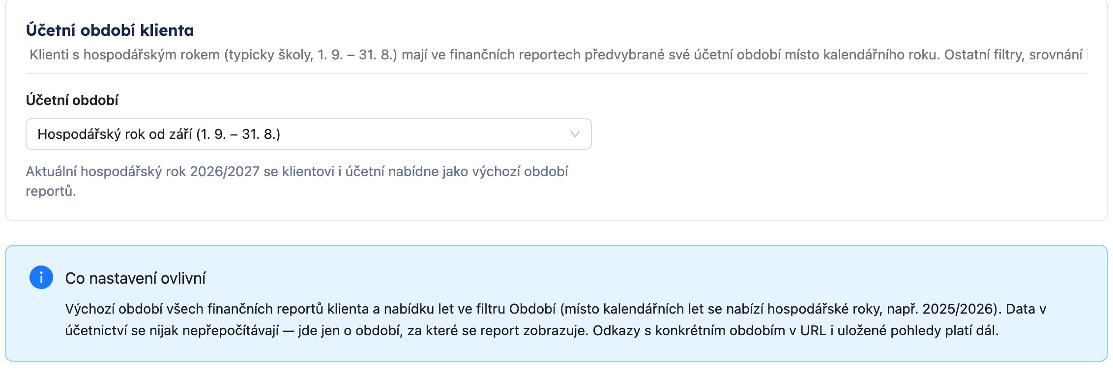 Nastavení účetního období klienta s hospodářským rokem