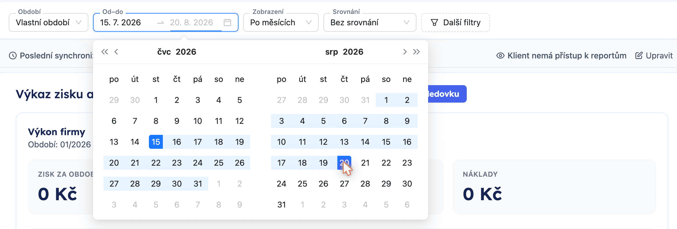 Výběr vlastního období od–do v liště finančních reportů