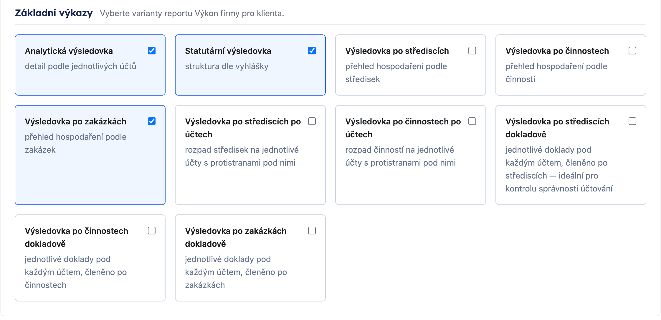 Základní výkazy v nastavení Výkonu firmy s dlaždicemi všech variant výsledovky