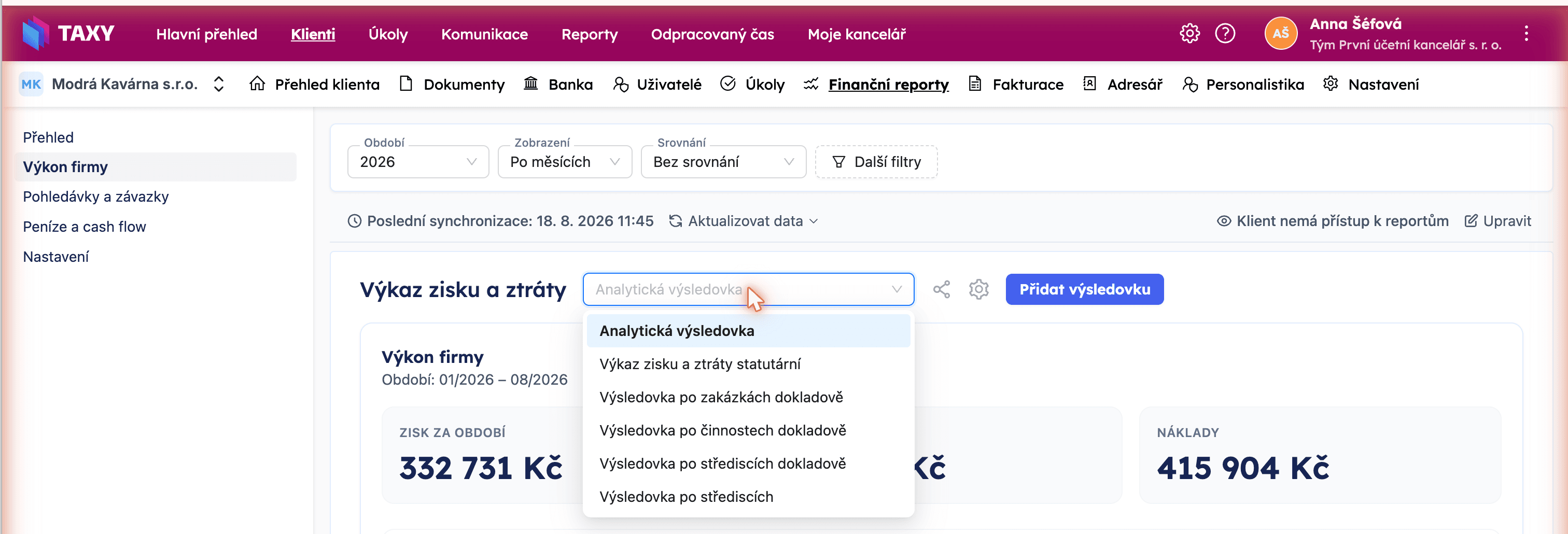 Roletka výběru výsledovky s dokladovými variantami
