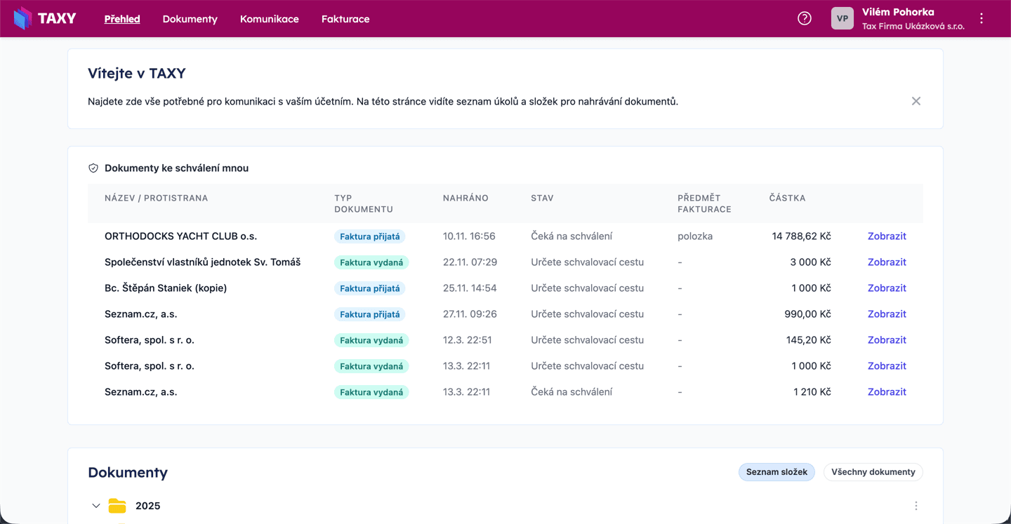 Hlavní přehled aplikace TAXY s přehledem dokumentů a rychlou navigací