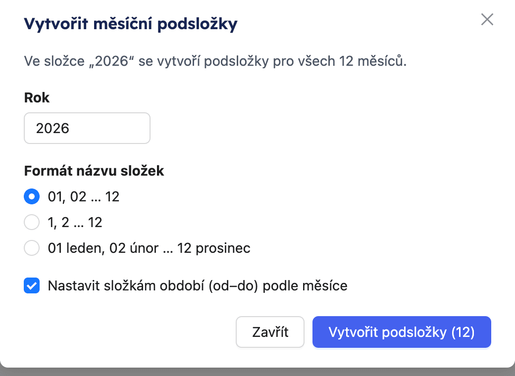 Okno Vytvořit měsíční podsložky s volbou roku, formátu názvu a období