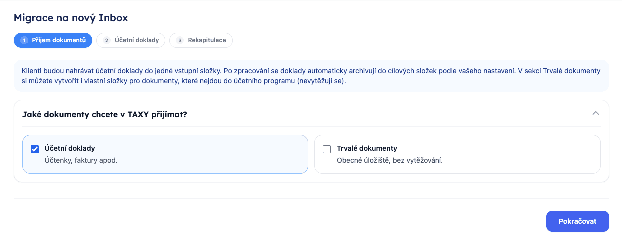 Krok 1 průvodce, Trvalé dokumenty ve výchozím stavu nezaškrtnuté