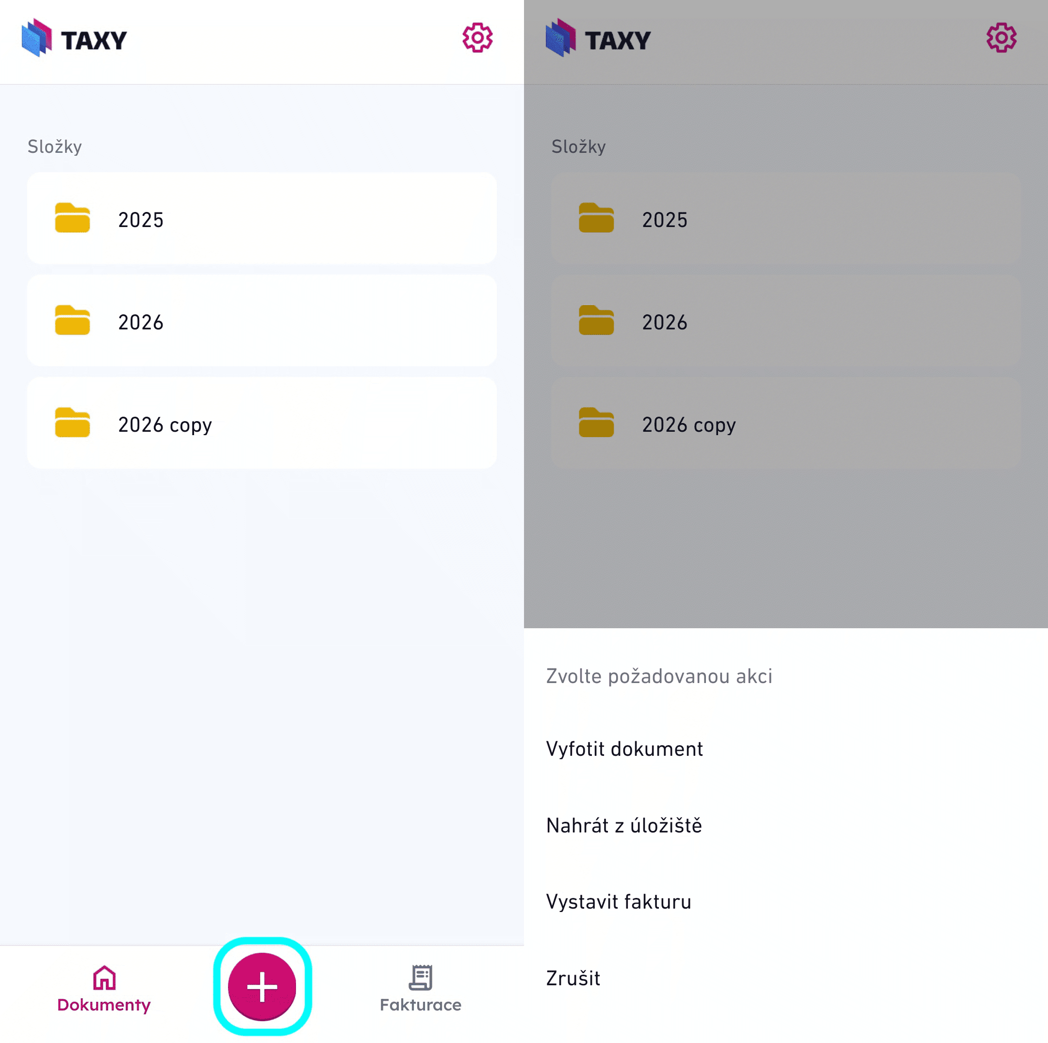 Stisknutí tlačítka "+" v mobilní aplikaci