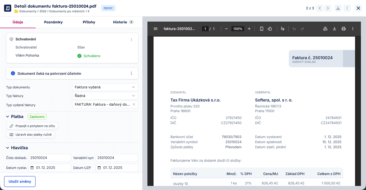 Detail dokumentu s vytěženými údaji faktury a náhledem souboru