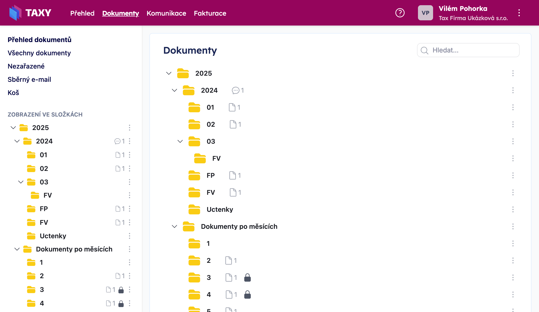 Přehled složek – složky se zámkem označené ikonou jsou zamčené a nelze do nich nahrávat