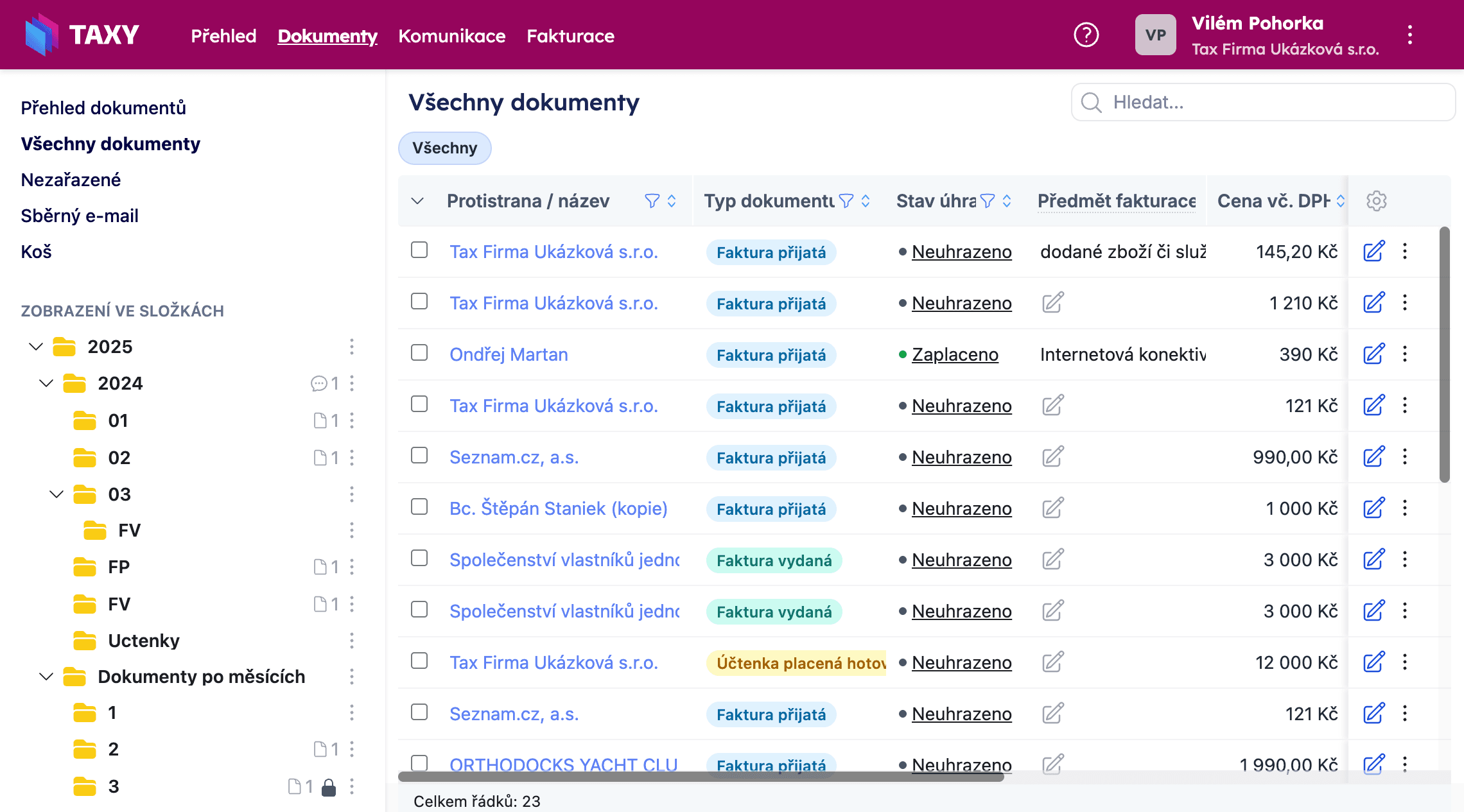 Tabulka dokumentů se stavy úhrady, typy dokumentů a předmětem fakturace