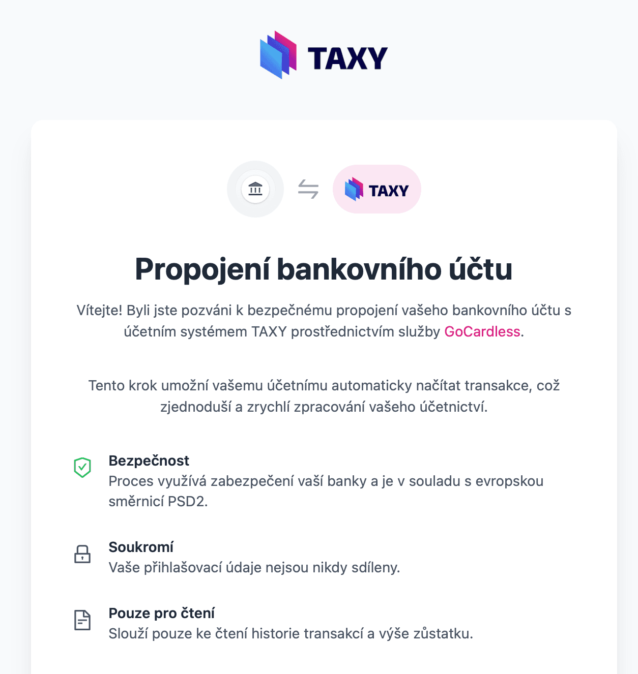 Uvítací obrazovka propojení bankovního účtu s TAXY s body Bezpečnost, Soukromí a Pouze pro čtení