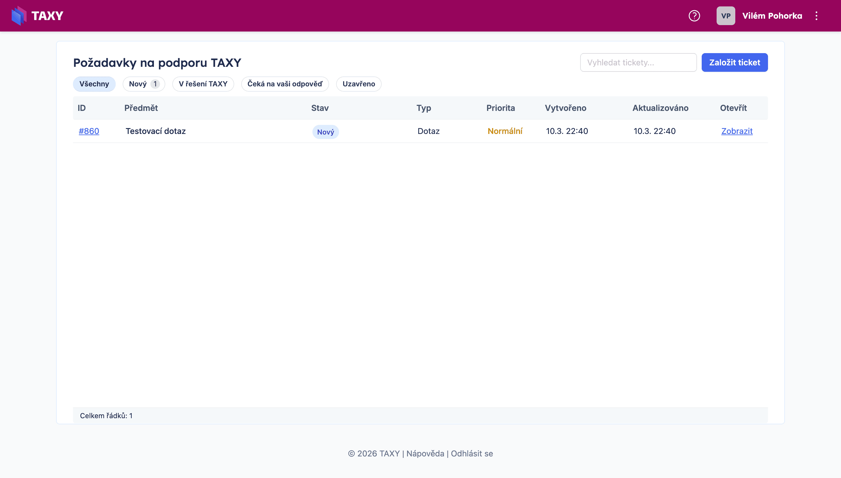 Seznam tiketů s filtry podle stavu a vyhledáváním