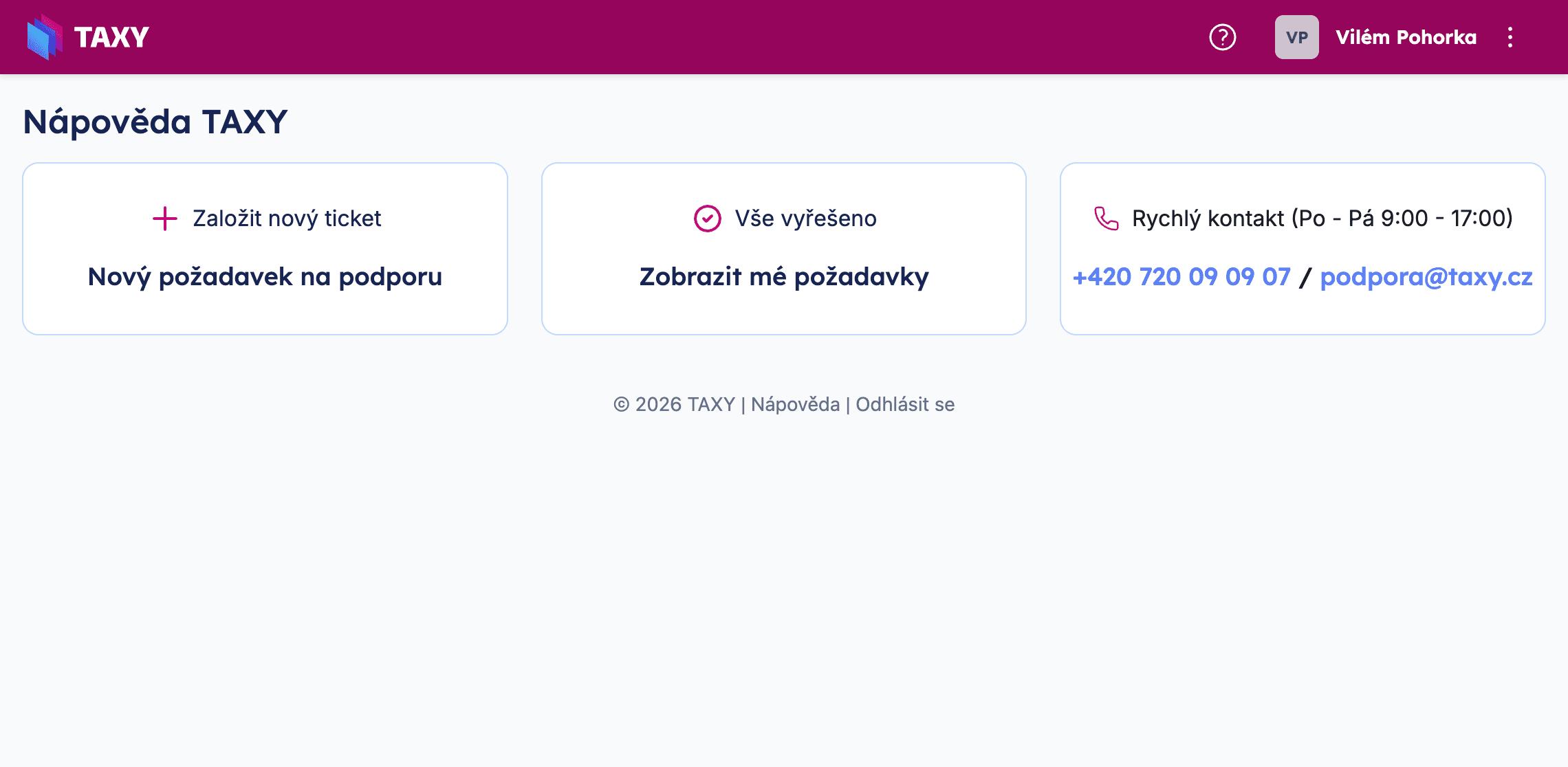 Stránka Nápověda TAXY s možnostmi Nový požadavek, Zobrazit mé požadavky a Rychlý kontakt