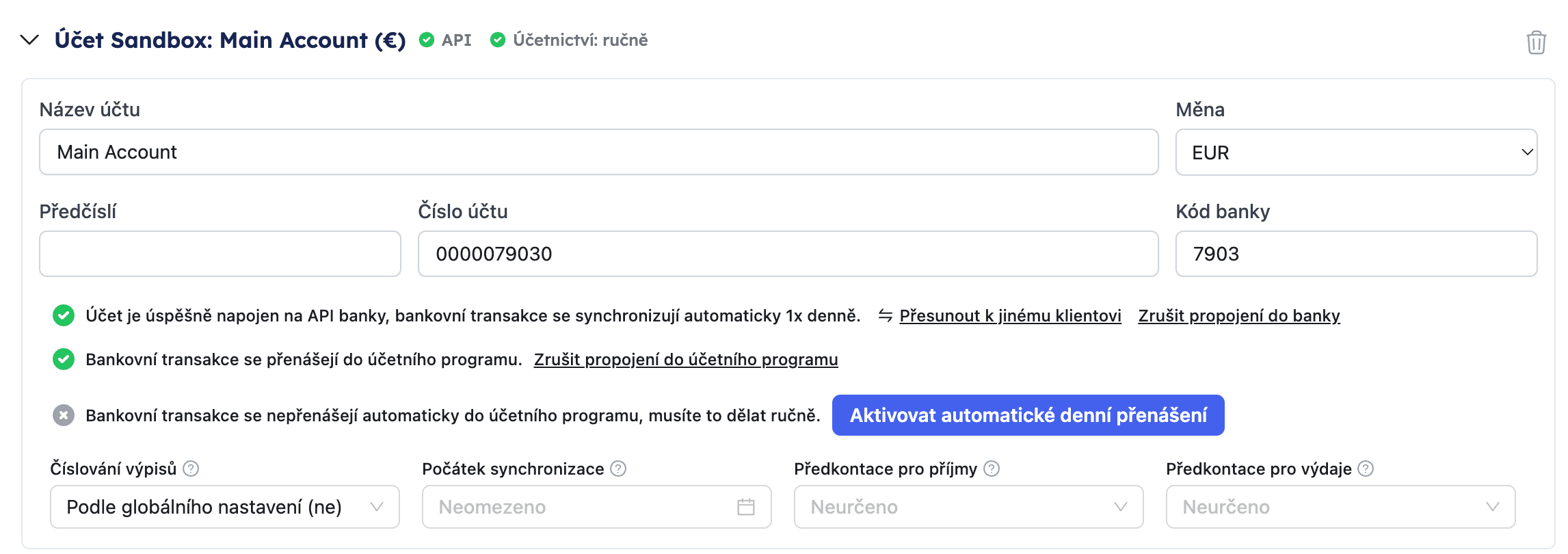 Karta bankovního účtu v nastavení s přesunem k jinému klientovi a volbou Číslování výpisů