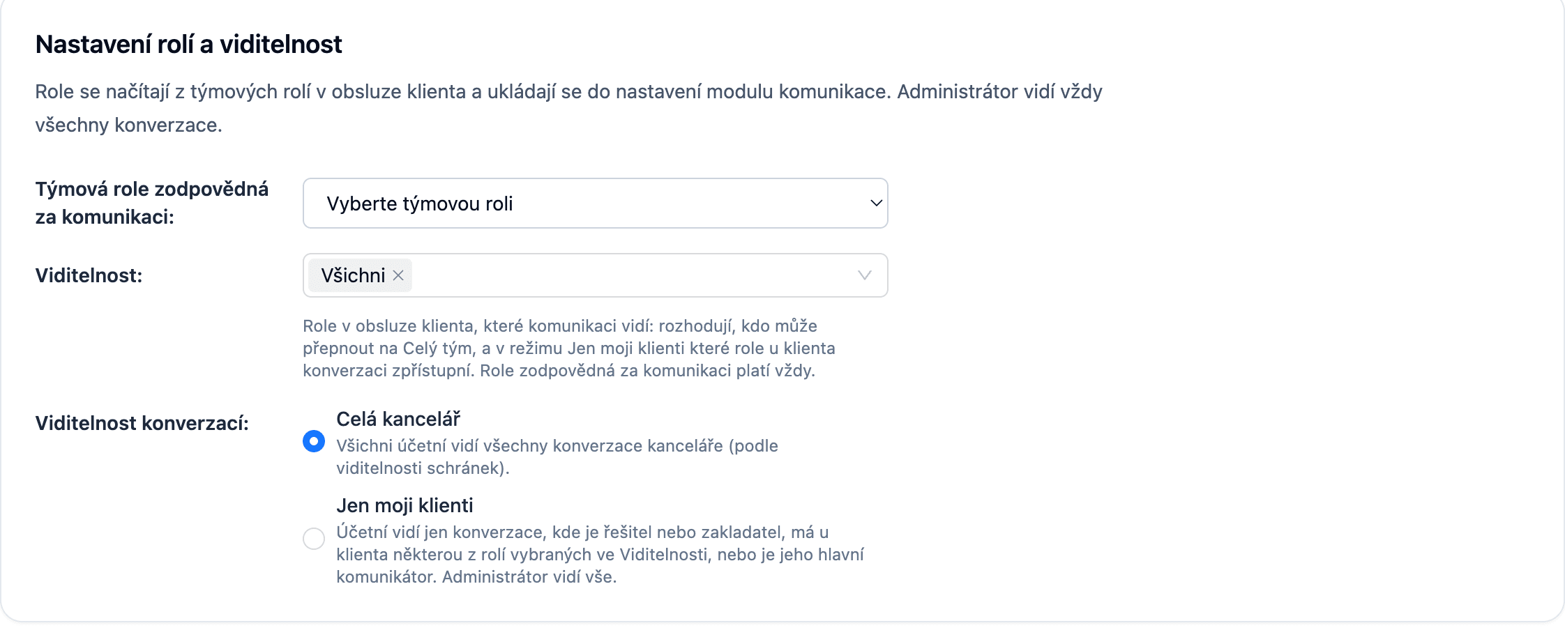 Nastavení rolí a viditelnosti konverzací v modulu Komunikace