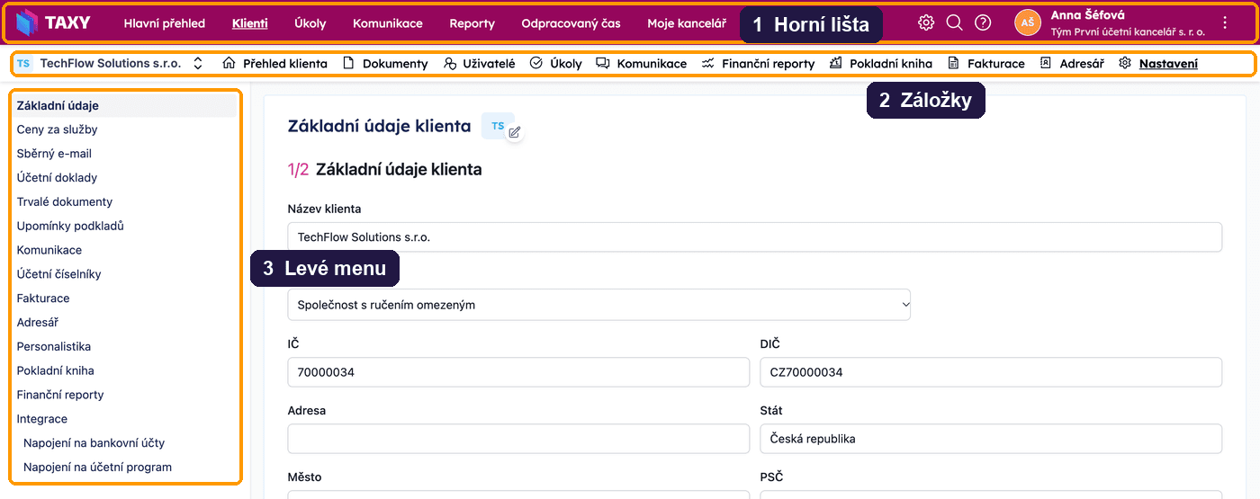 Nastavení klienta TechFlow: 1 horní lišta, 2 záložky, 3 levé menu