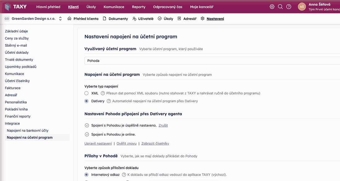 Stav napojení na Pohodu: Spojení s Pohodou je online, Ověřit znovu a Zobrazit číselníky