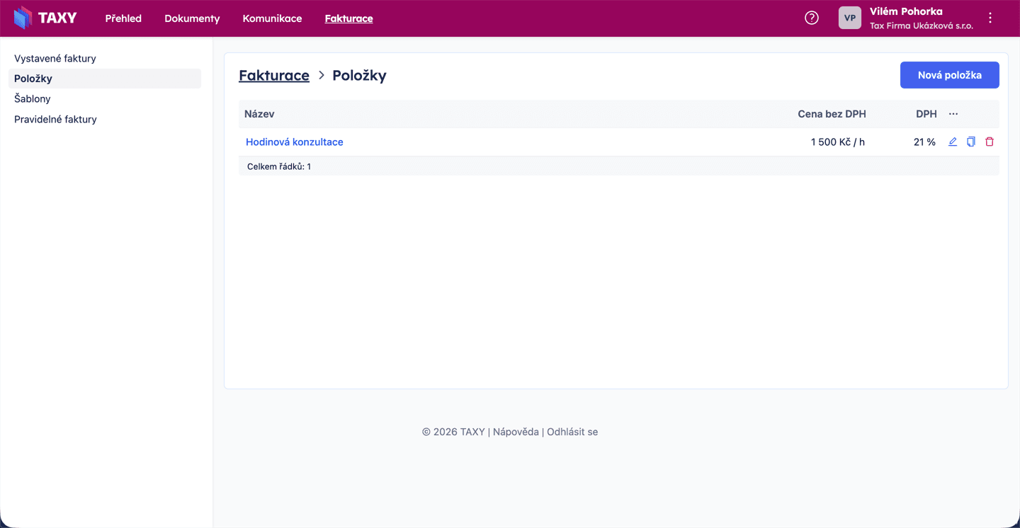 Seznam položek fakturace se sloupci Název, Cena bez DPH a DPH – prázdný stav s tlačítkem Nová položka