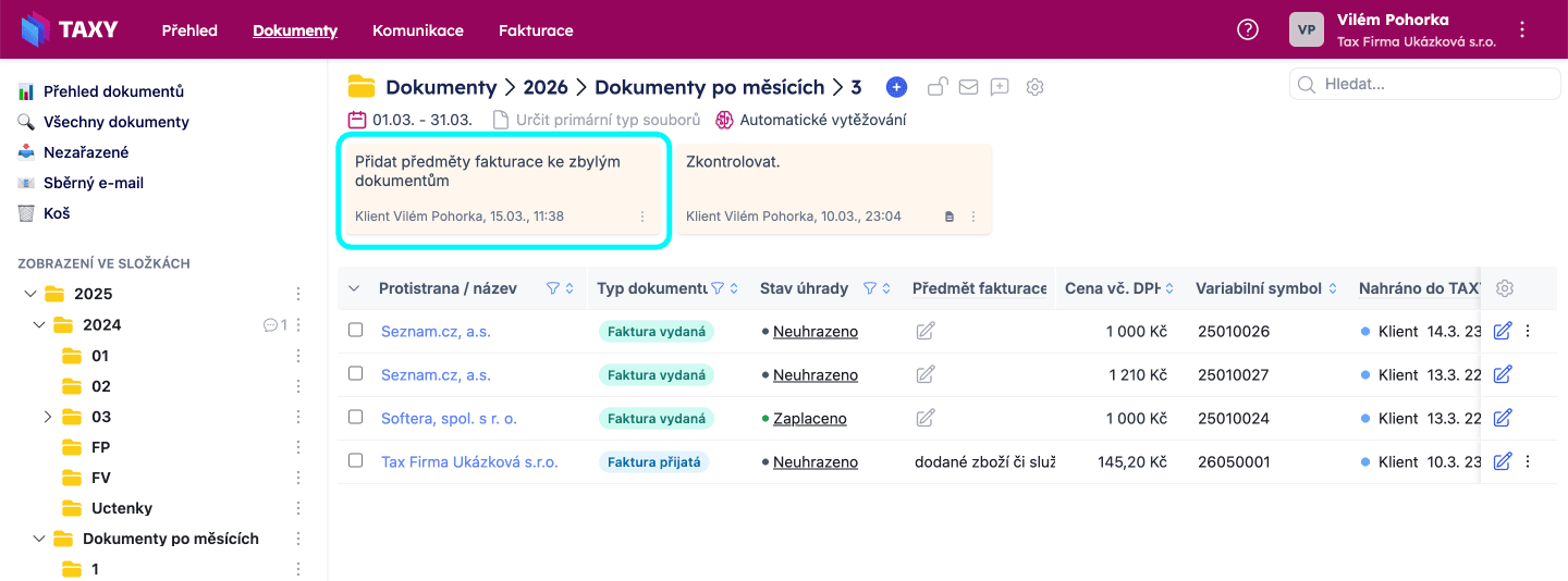 Nová poznámka ke složce dokumentů
