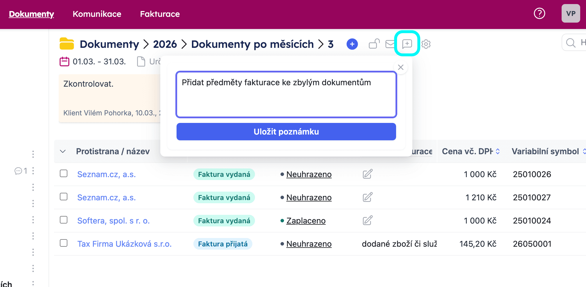 Přidání poznámky ke složce