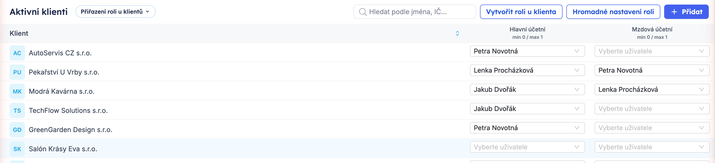 Přiřazení rolí u klientů v sekci Klienti