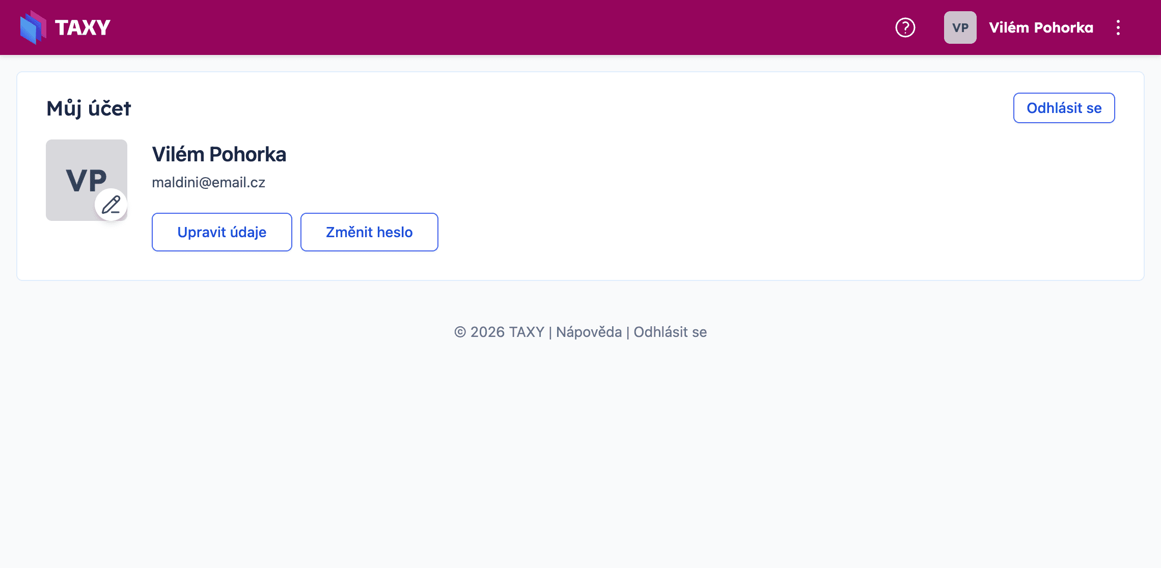 Stránka Můj účet s profilovým obrázkem a tlačítky Upravit údaje a Změnit heslo