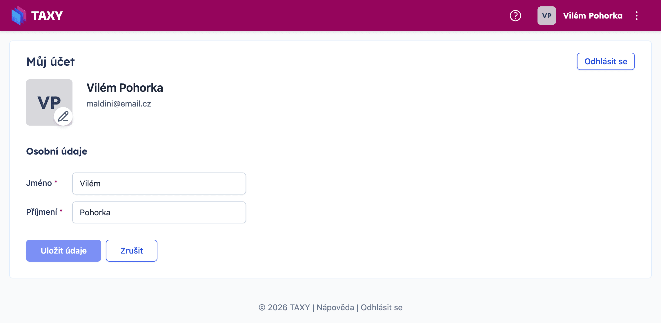 Formulář pro úpravu osobních údajů – jméno a příjmení