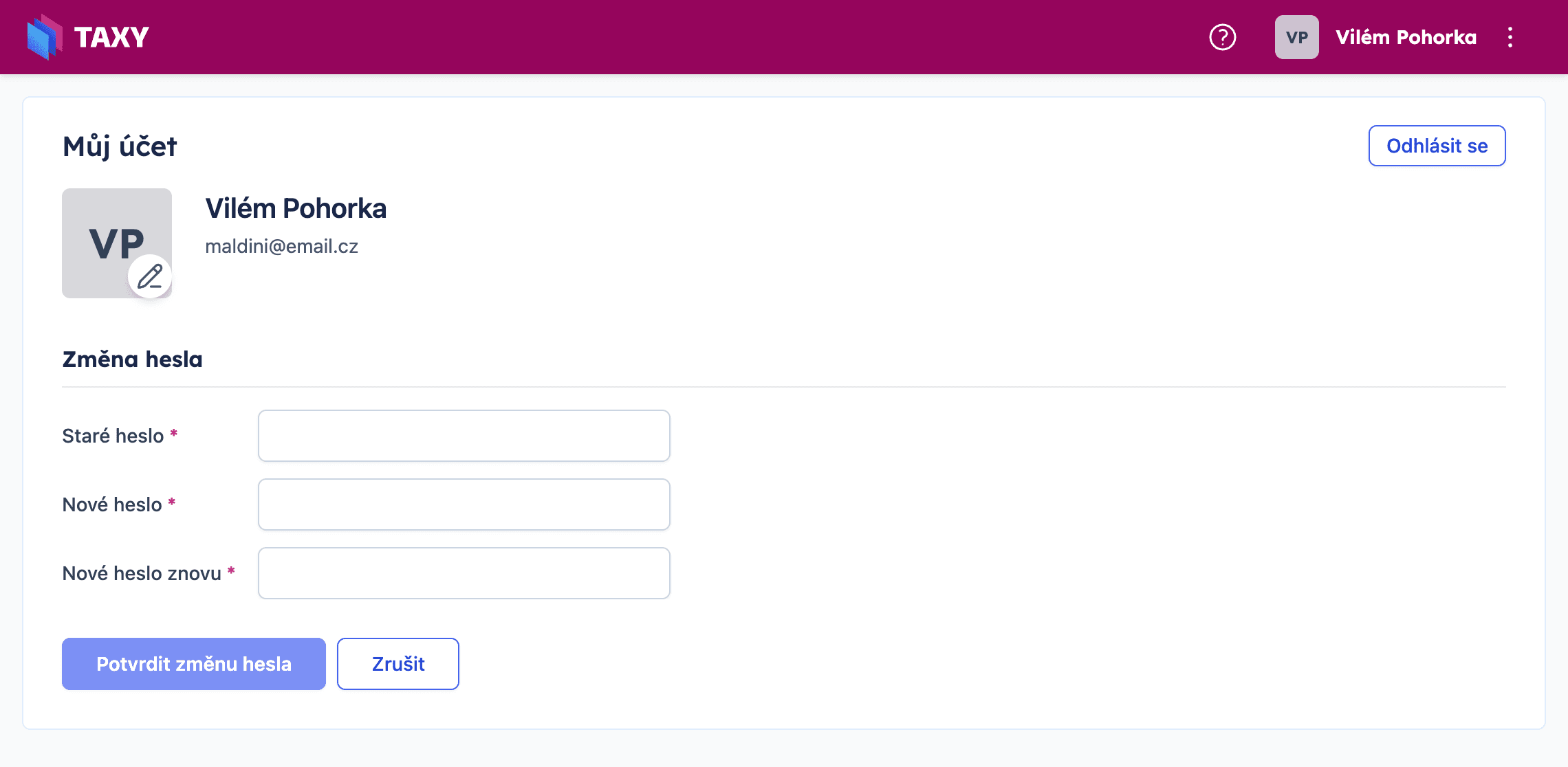 Formulář pro změnu hesla – staré heslo, nové heslo a potvrzení