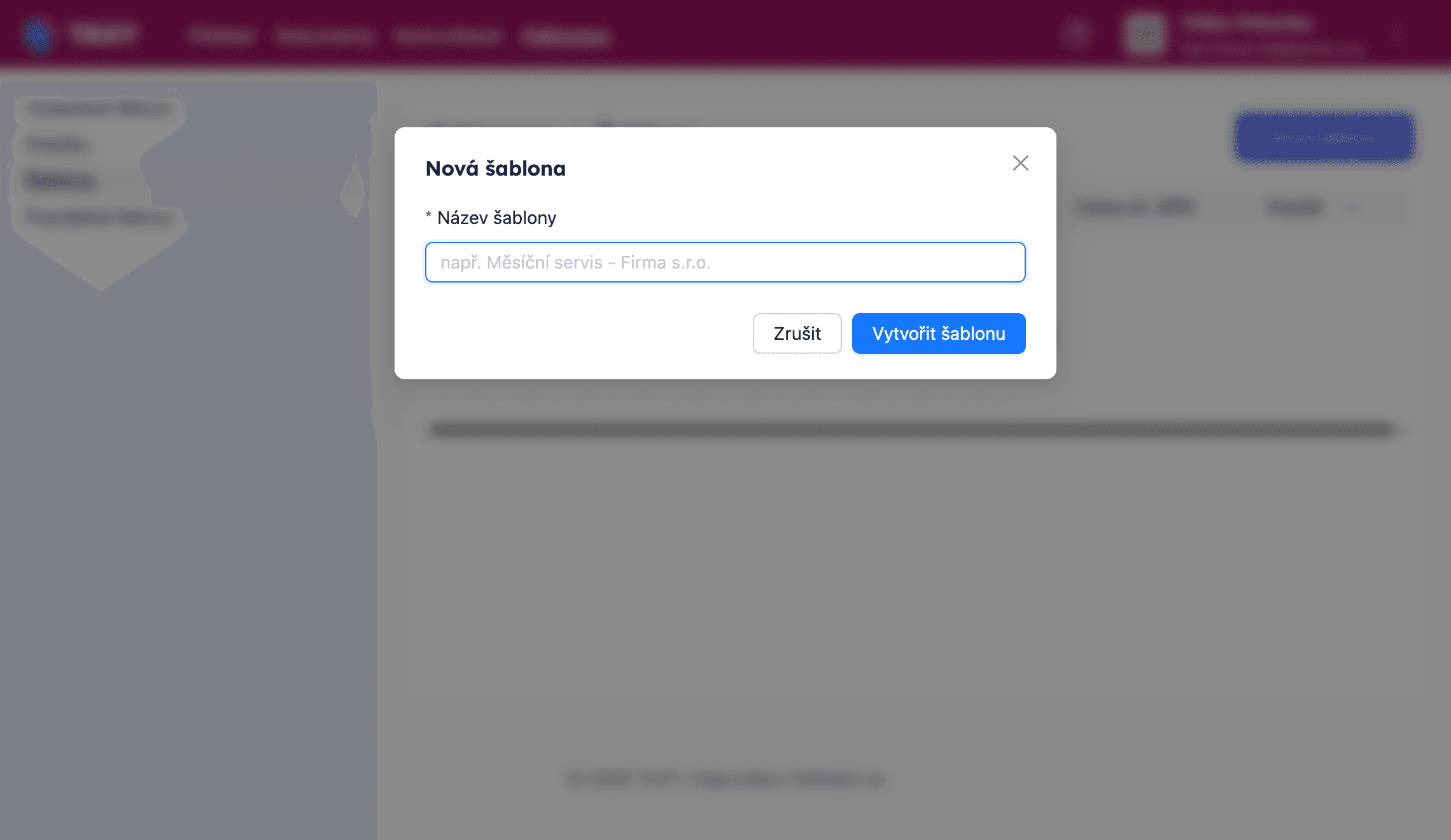Dialog pro vytvoření nové šablony s polem Název šablony a tlačítkem Vytvořit šablonu