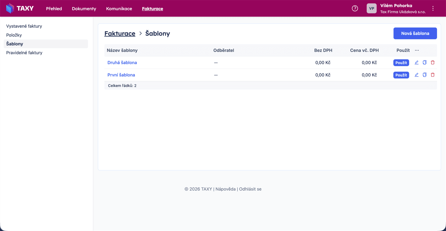 Seznam šablon faktur se sloupci Název, Odběratel, Bez DPH, Cena vč. DPH a tlačítkem Nová šablona