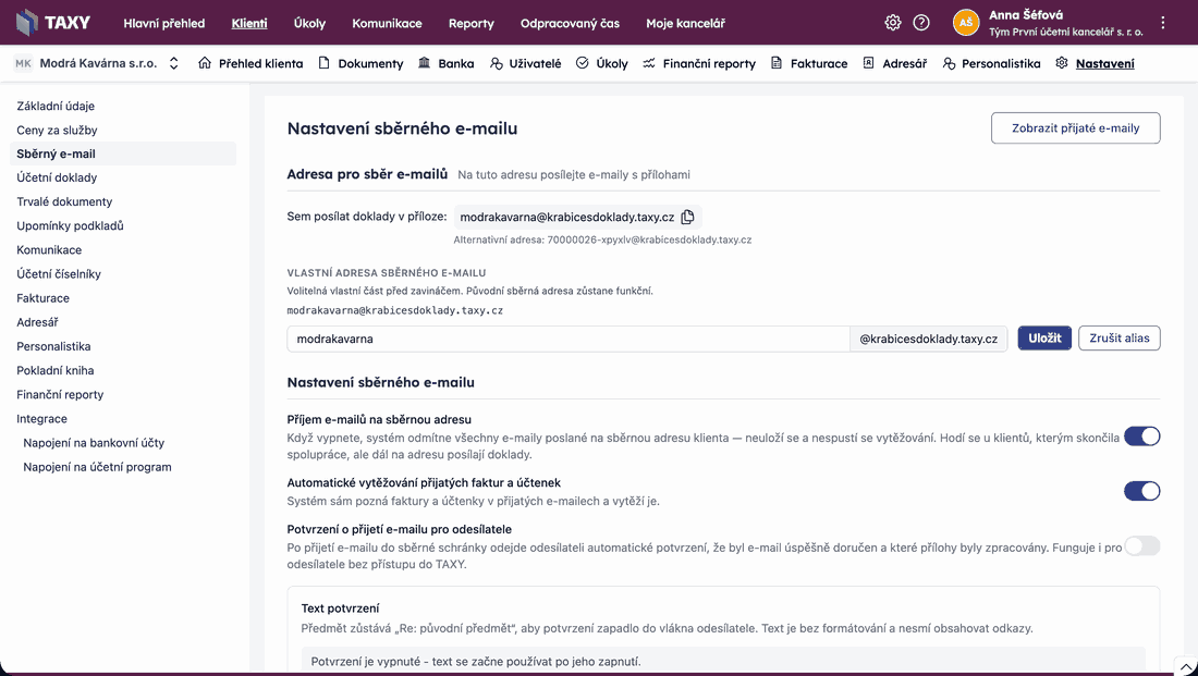 Nastavení sběrného e-mailu: adresa klienta, vlastní alias, vypnutí příjmu a potvrzení o přijetí pro odesílatele