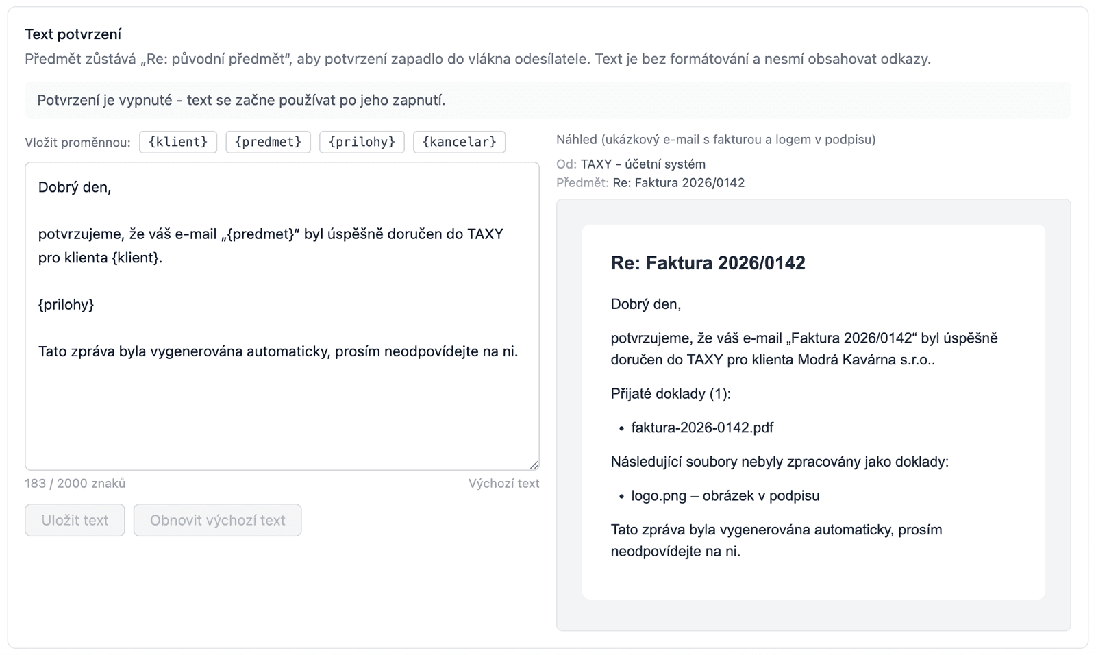 Text potvrzení s proměnnými a živým náhledem e-mailu pro odesílatele