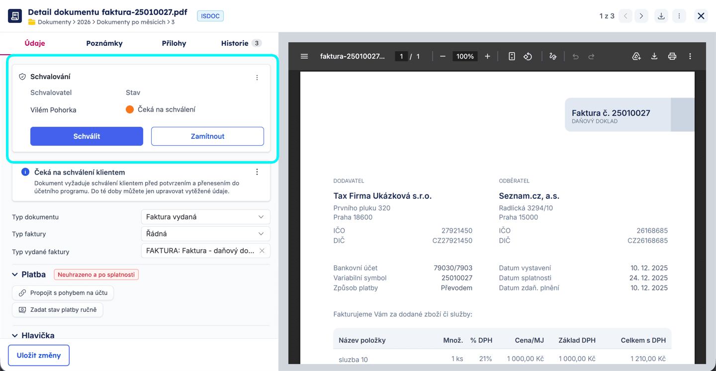 Detail dokumentu – v záložce Údaje je sekce Schvalování s tlačítky pro schválení nebo zamítnutí