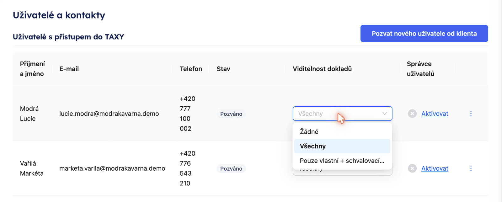 Sloupec Viditelnost dokladů s volbami Žádné, Všechny a Pouze vlastní + schvalovací cesta