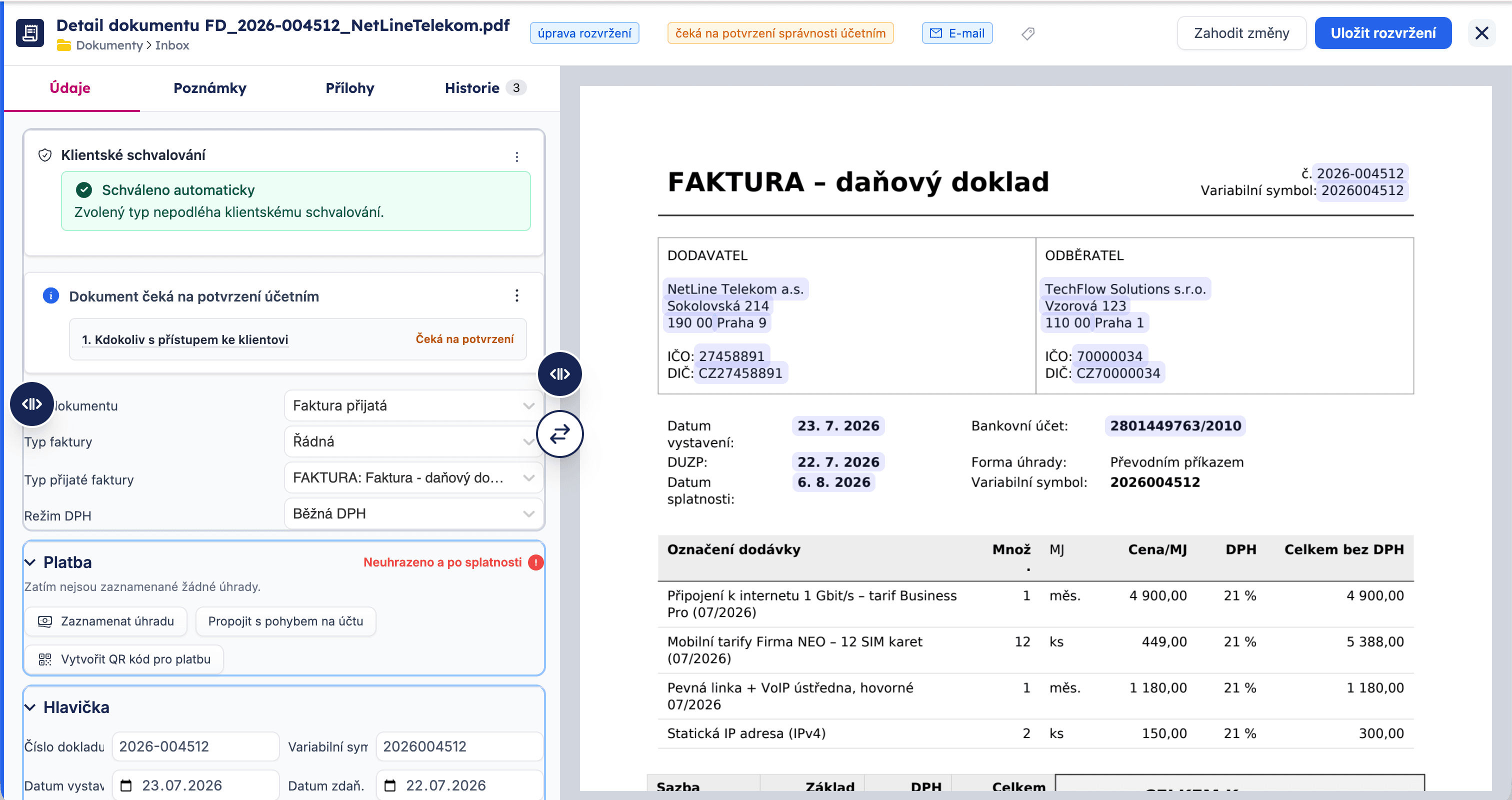 Editační mód rozvržení detailu s táhly šířek a tlačítkem Prohodit strany