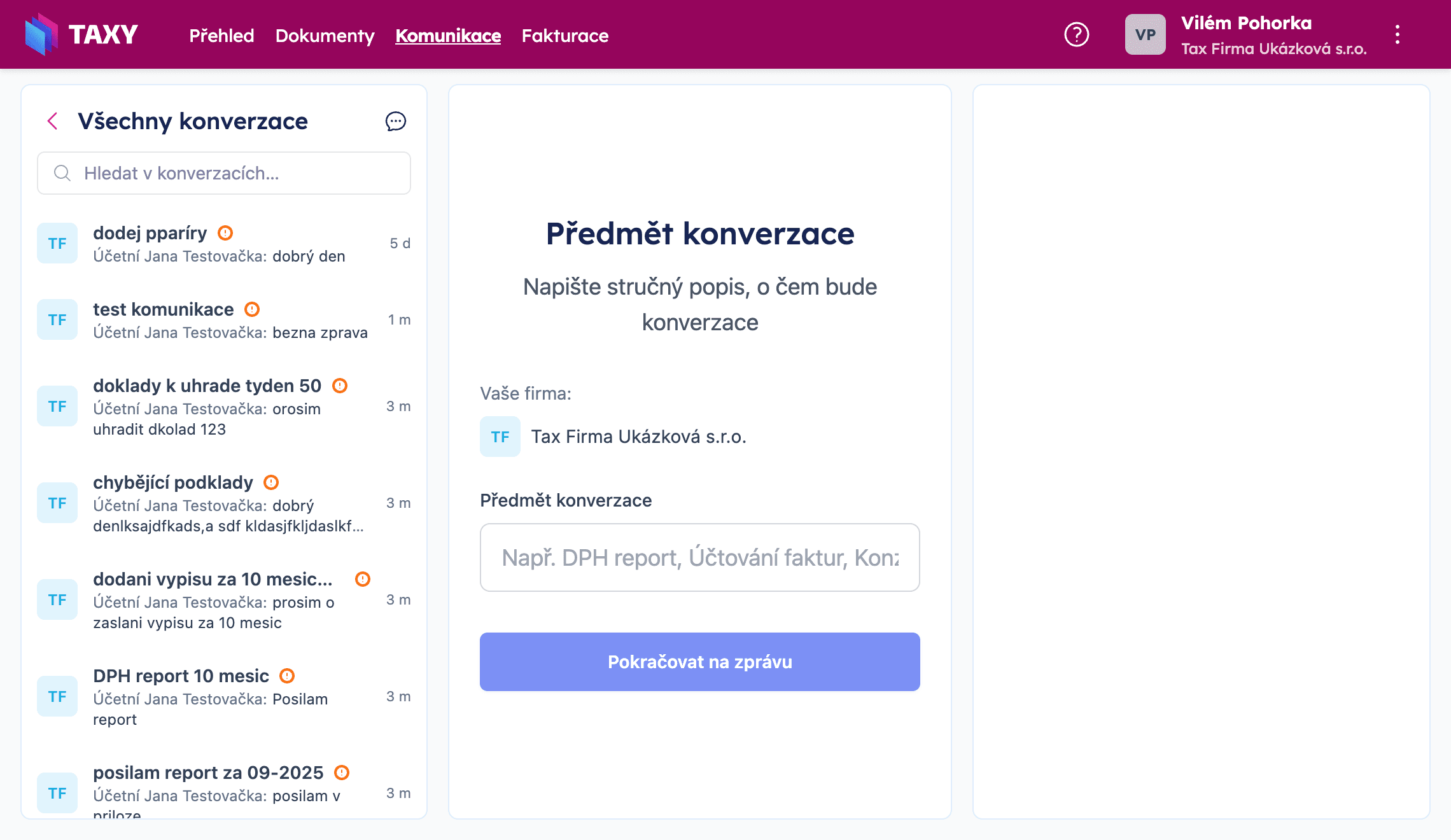 Formulář pro novou konverzaci s polem pro předmět konverzace